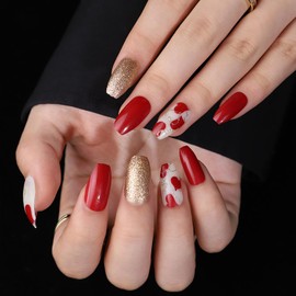 Valentines Day Press on Nails Short Square Coffin Red Fake Nails Reusable Gold Glitter Acrylic Nails with Glue on Nails Glossy Design Full Cover Heart False Nails for Women Manicure Salon Decorations