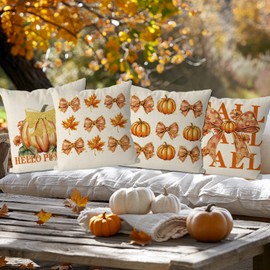 QIONG MENG Fall Pillow Covers 18x18 Inch Set of 4 Pumpkin Maple Leaves Bow Decorative Throw Pillow Cases Autumn Harvest Soft Pillowcase for Home Farmhouse Living Room Decor