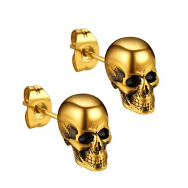 Skull Stud Earrings 18k Gold Small Earrings Man Gothic Rock Biker Jewellery for Boys, Stainless Steel