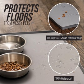Leash Boss Dog Food Mat for Food and Water Bowls, Waterproof Silicone Pet Feeding Mat for Floors, Extra Tall Raised Edges, Cat and Dog Placemat for Floors, Dishwasher Safe (Small: 18"x11" - Grey)