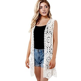 Womens Floral Crochet Lace Boho Trim Sleeveless Open Front Vest Cardigan