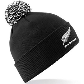 Embroidered New Zealand Pom Pom Beanie Hat, Present Black/White