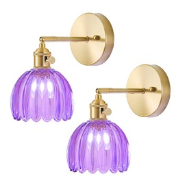 LINSEEDS Wall Sconces Set of Two Hardwired, Vintage Sconce Light with Tulip Purple Glass Lampshade, Bathroom Wall Lights with Switch, Gold Wall Light Sconces Wall Decor Set of 2