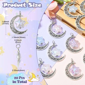 Ipotkitt 20 Pcs 5 Colors Vintage Alloy Moon and Acrylic Star Charms Colorful Celestial Moon Star Charms with 304 Stainless Steel Jump Rings for Jewelry Making