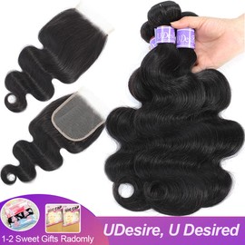 UDesire Hair Body Wave 3 Bundles with Closure 100% Unprocessed Brazilian Body Wave Human Hair Weave with 4x4 Free Part Lace Closure Natural Black Color (18 20 22+16 Closure,Bundles with Closure)