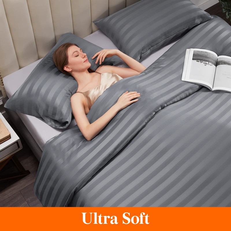 Lifewit Single Duvet Cover Set, Satin Stripe Reversible Soft Quilt