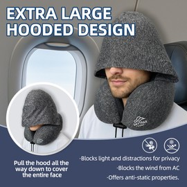Travel Pillow with Extra Large Hood for Airplane Long Flights Privacy and Comfort Memory Foam with Skin-Friendly Cover for Road Trip Head&Neck Support for Plane Office Cars Sleeping & Rest (Grey)