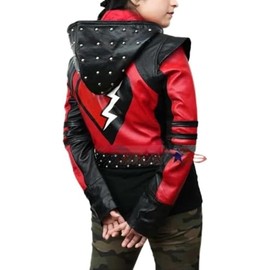 A-star plus Decndents the rise of costume red Kyle cetrall hooded jacket women, red studded costume jacket coat adult (US, Alpha, X-Large, Regular, Regular, Faux Leather)