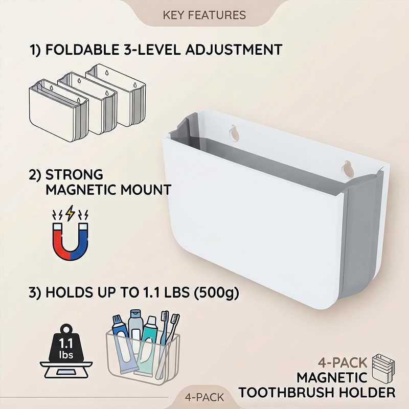 QHLMZR 4Pcs-Magnetic Toothbrush Holder,Cruise Bathroom Organizer – Foldable, Wall Mounted,