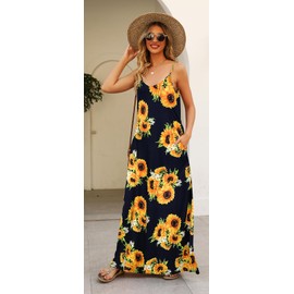 Supnier Maxi Dress Summer Casual Loose Sleeveless Plain Beach Floor Length Floral Dress with Pockets(XL,Sunflower)
