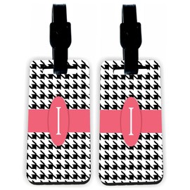 Island Gifting - Letter "I" Monogram - Houndstooth Dogtooth Rose Pink on Black Design - Hardboard Luggage Identifiers Tags with Straps (x8)