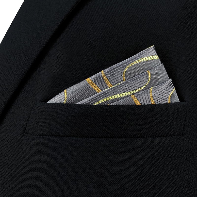[S&W SHLAX&WING] Men's Pocket Square Gray Yellow Golden Geometric Wedding,