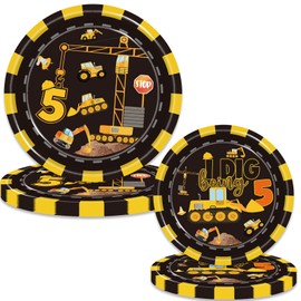 100 Pcs Construction 5th Birthday Party Supplies Dump Truck Theme Five Decorations Tableware Includes Plates, Cups, Napkins for Boys Construction Five Years Old Birthday Party Decorations Favors