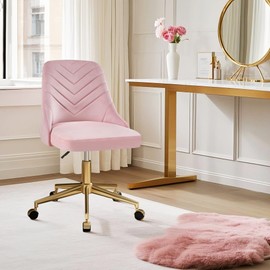 VECELO Velvet Vanity Desk Chair with Height-Adjustable for Office Living Room Bedroom Make Up Study, 360°Swivel, Wheeled Gold Base, Pink
