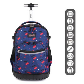 Tilami Rolling Backpack, 18 inch Shoulder Drop, Concealed Pockets and Wheel Cover, Laptop Backpack for Boys and Girls, Cherry Blue