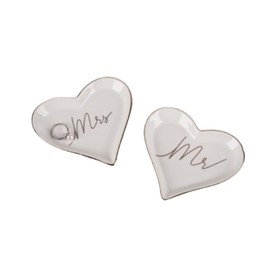Ceramic Heart Shape Mr.& Mrs Wedding Ring Dish, Jewelry Dish Tray, Home Decor Trinket Dish, Wedding, Birthday, Valentine's Day, Set of 2 (White)