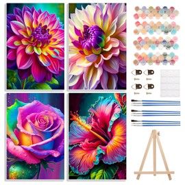 4 Pack Paint by Numbers Kits for Adults Beginners Framed Canvas, Flowers DIY Adult Paint by Number Kit with Easel, Painting by Numbers for Beginners, Arts and Crafts for Home Decor 8x12inch