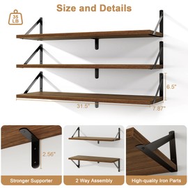 Fun Memories Floating Shelves, 32 x 8 Inches, Set of 3 Wall-Mounted Bookshelves with Metal Brackets, Decorative Storage for Home and Office (Walnut)