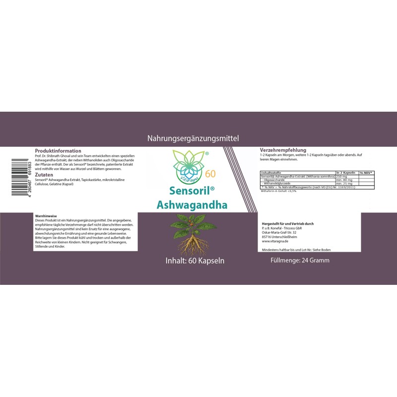Vitaragna Sensoril® Ashwagandha - Withanolide - Patentierter Sensoril®-Extrakt aus Wurzel