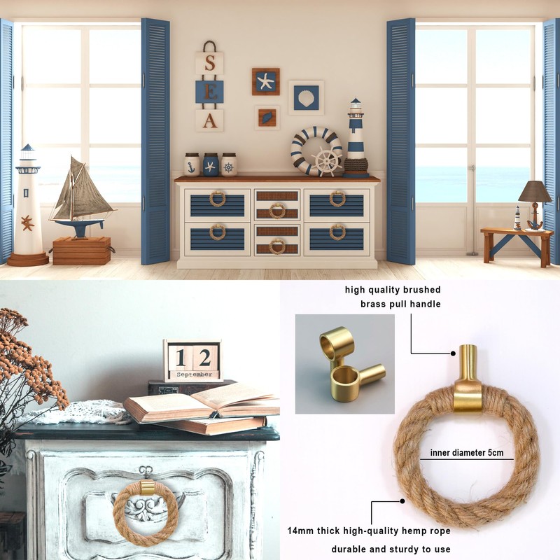QNNEFF 6PCS Nautical Twisted Jute Rope Drawer Pulls Brushed Brass