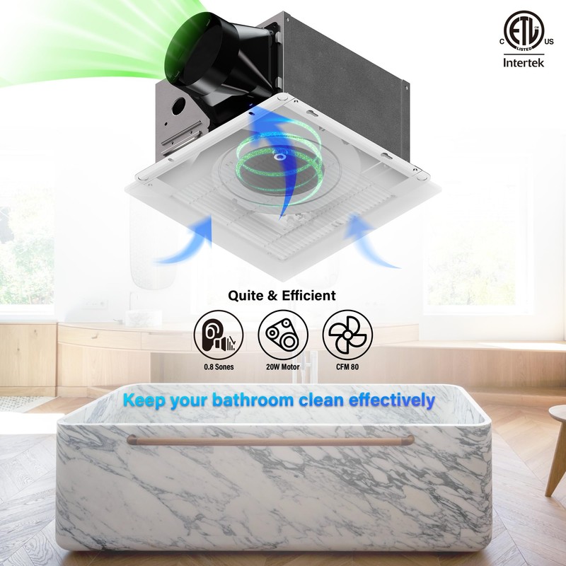 JULLISON 80CFM Bathroom Exhaust Fan with Grille: 20W Ceiling Mount