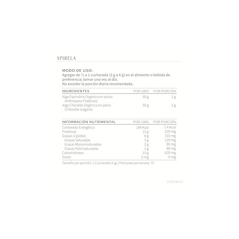 Spirela en POLVO de OXOMIO - Espirulina y Chlorella Orgánicas