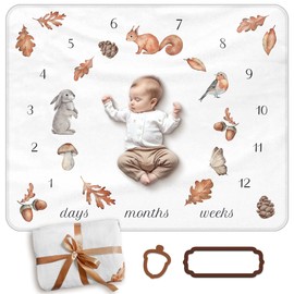 Baby Milestone Blanket Neutral Brown, White & Beige, Monthly Baby Milestone Blanket Girl or Boy with Soft Fleece, Woodland Animals and Leaves, 40”x50”, Includes Acorn & Elegant Shape Markers
