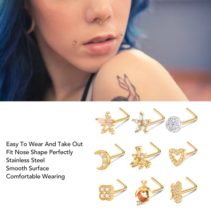 9pcs Nose Studs Set Golden Stainless Steel L Shape Shiny