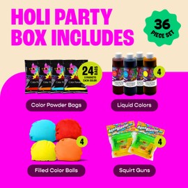 Chameleon Colors 36-Piece Holi Color Powder Party Kit - for 4-10 People - Color Powder & Liquid, Color Balls & Squirt Guns - for Holi, Color Party, Color War & Summer Camp - Non-Toxic - Easy to Clean
