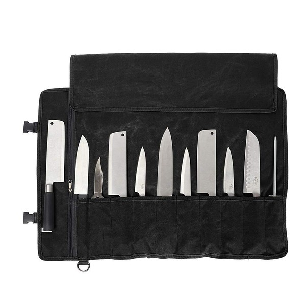 QEES Chef's Knife Roll Bag 11 Slots Knife Bag for Camping Hiking Multifunctional Tool Roll Bag (Black)