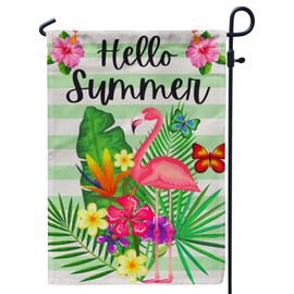 Hello Summer Garden Flag, Flamingo Tropical 12x18 Inch Butterfly & Flower Decorated Garden Flag - Perfect for Your Outdoor Hanging Decorations