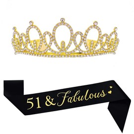 Happy 51th Birthday Tiara and Sash Gifts Crystal Rhinestone Princess Crown Birthday Women Party Favor Supplies Gold Crowns Black Sash