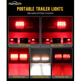 Partsam Wireless LED Trailer Light Kit Magnetic Towing Tail Light Portable Universal Stop Turn Running Backup Reverse Red+Clear Lens w/ 7-Pin Plug Dual USB Cable Charger for Trucks Trailers 12-24V