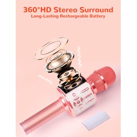 Amazmic Karaoke Microphone for Adults, Wireless Bluetooth Microphone for Singing Portable Karaoke Machine Handheld with LED Lights, Gift for Kids Adults Birthday Party, Home KTV(Rose Gold)