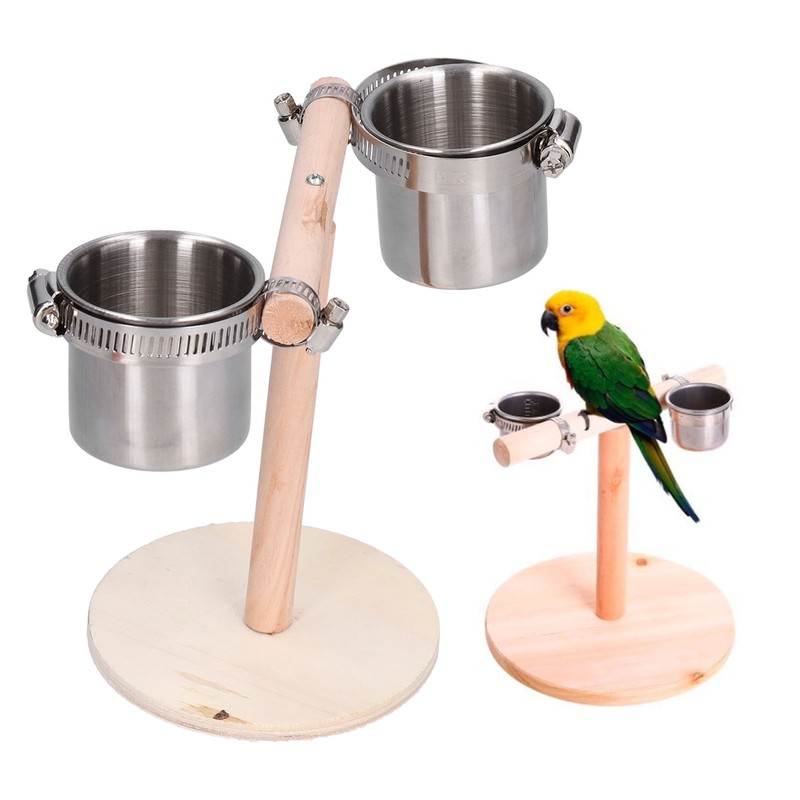 Bird Perch Stand Wooden Parrots Stand with Stainless Steel Feeding