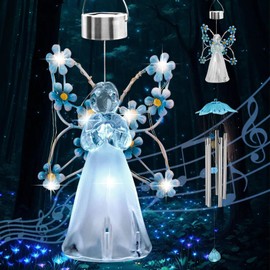 Solar Wind Chimes Light, Hanging Angel Wind Chime Light Decor, Waterproof LED Flower Fairy Landscape Light for Window Eave Gazebo Yard, Garden Decoration Gifts for Women (Blue)