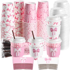 Jingmore 100 Set Pink Bow Coffee Cups Bow Disposable 12 oz Paper Cups with Lids, Straws and Pink Paper Sleeves for Party Drinks Mother's Day Wedding Birthday Baby Shower Supplies