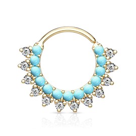 PiercedOff 14Kt Gold Bendable Cut Ring with Synthetic Turquoise and CZ Gems - Thickness 1.2mm Diameter 8mm