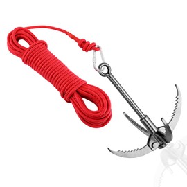 Ant Mag Grappling Hook Stainless Steel Claw Carabiner with 30m/65ft 6mm Auxiliary Red Rope for Camping Hiking Tree Grabbing and Water Lifting Salvage