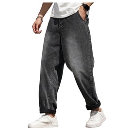 BEAUDRM Men's Vintage Baggy Taper Jeans Distressed Straight Leg Tapered Denim Pants with Pockets Streetwear Dark Grey Small