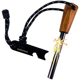 makstore Ferro Rod with Wood Handle | Fire Flint and Steel Kit | Camping Fire Starter 15,000+ Strikes | Survival Multi-Tool with reflective rope