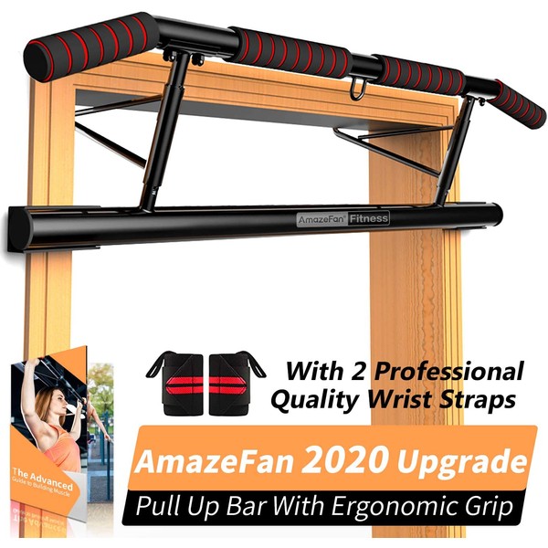 AmazeFan Pull Up Bar Doorway with Ergonomic Grip - Fitness Chin-Up Frame for Home Gym Exercise - 2 Professional Quality Wrist Straps + Workout Guide - No Installation Needed(Fits Almost All Doors)