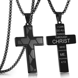 Black Soccer Cross Necklace for Men Bible Verse,Religious Faith Christian Scriptures Philippians 4 13 Pendant Cross Chain,Baptism 1st First Communion Gifts for Boys Graduation Father's day Jewelry
