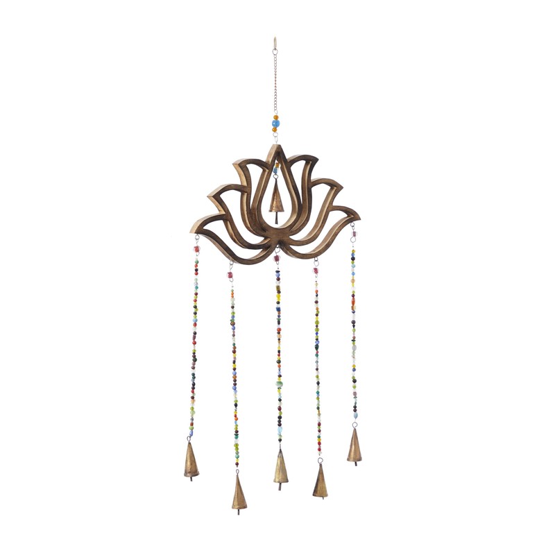 Deco 79 Eclectic Mango Wood Lotus Windchime with Bells, 15"L