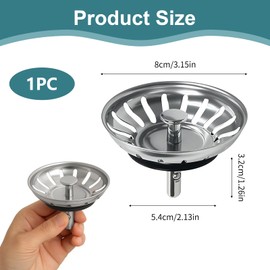 DmDoyy Strainer Basket Drain Plug, Sink Plug, Sink Strainer, Stainless Steel Sink Plug, Sink Accessories (Silver, 80 mm Wide)