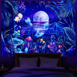Algasan - Tapiz decorativo para colgar en la pared con diseño de bosque de fantasía, diseño de luna, reactivo a los rayos UV, para recámara, sala de estar, 51.2 x 59.1 pulgadas