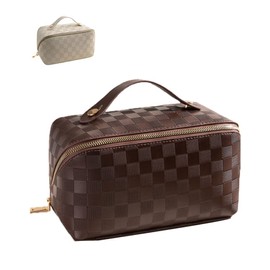 Portable Makeup Bag, Large Capacity Travel Cosmetic Bag, Multifunctional Travel Makeup Bag, Waterproof Leather Cosmetic Bag with Handle and Divider (Chessboard Brown)
