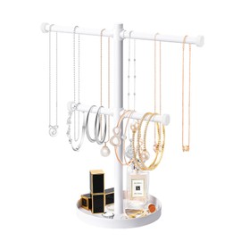 bodkar Necklace Holder Organizer Stand,2-Tier Sturdy Metal Jewelry Stand with Round Tray for Bracelet Bangles Holder Display,12.9" Tall for Long Necklace