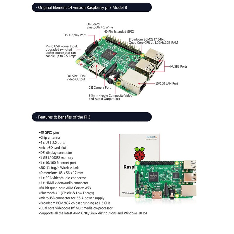 Raspberry Pi 3 Model B CPU 1.2GHz/1GB/USB2.0/HDMI/Bluetooth/WiFi RASPBERRYPI3-MODB-1G