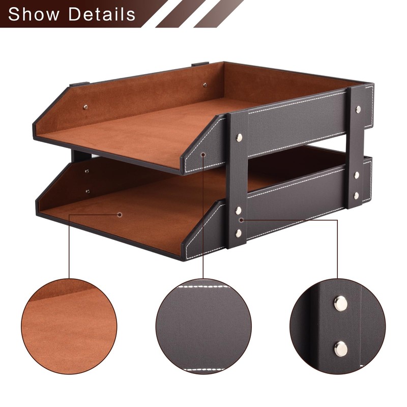 XNONE Leather Desk Organizer,2-Tier Stackable Letter Tray Holder,Office Supplies Desktop